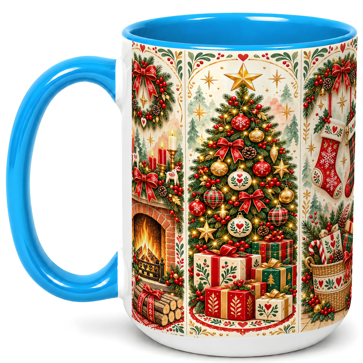 #pl[15oz|Blue] Christmas Folk Art Coffee Mug, Nordic Holiday Mug, Ceramic Cup