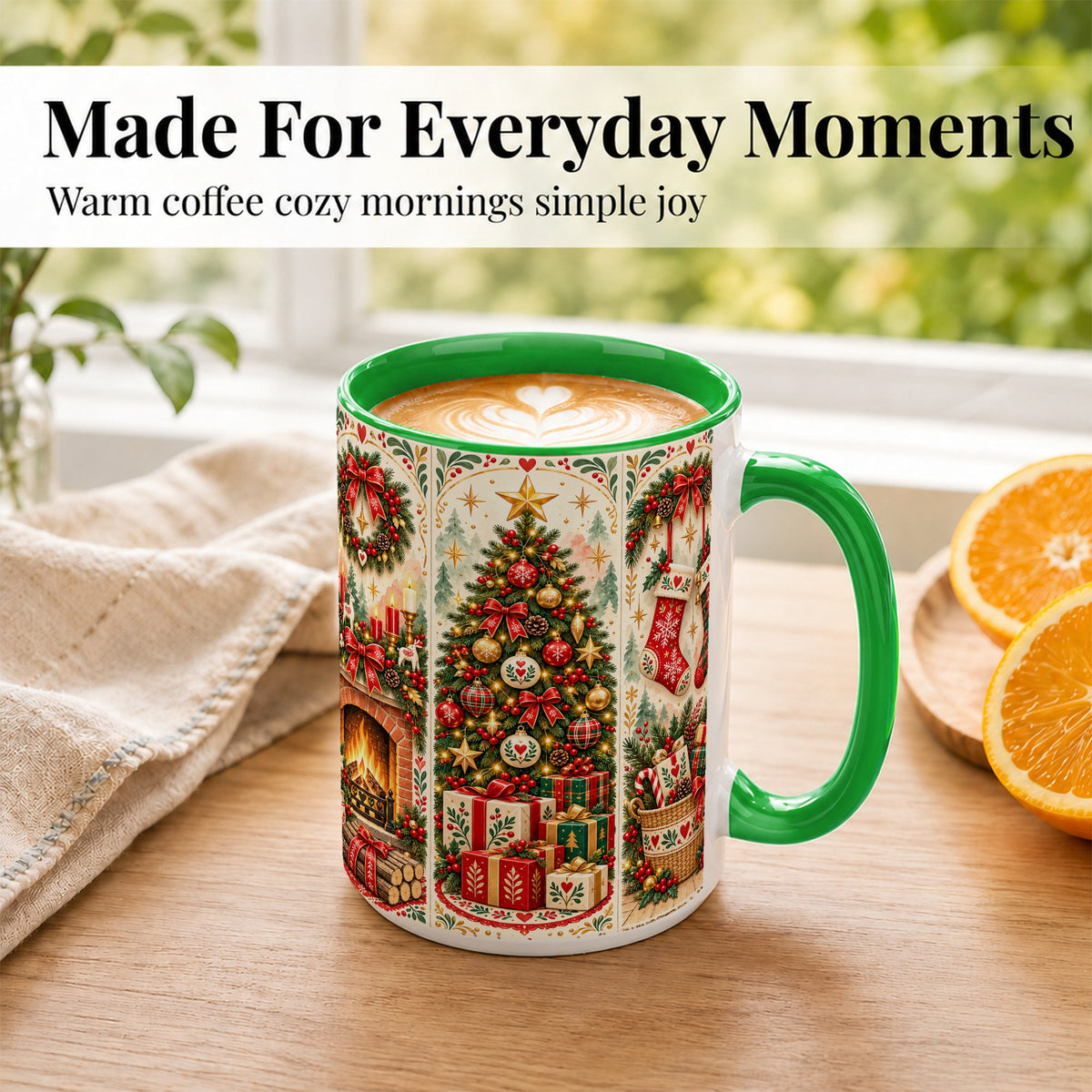 #pl[15oz|Green] Christmas Folk Art Coffee Mug, Nordic Holiday Mug, Ceramic Cup