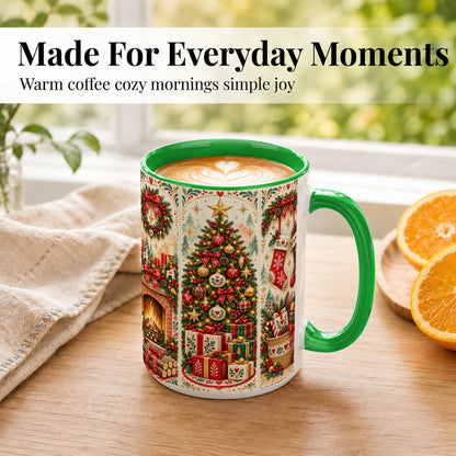 #pl[15oz|Green] Christmas Folk Art Coffee Mug, Nordic Holiday Mug, Ceramic Cup