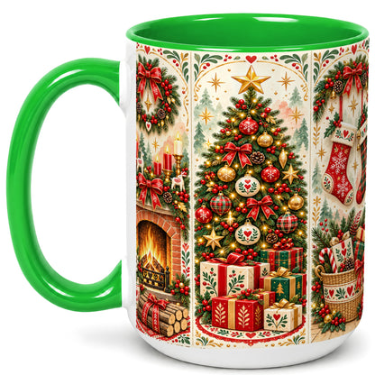 #pl[15oz|Green] Christmas Folk Art Coffee Mug, Nordic Holiday Mug, Ceramic Cup