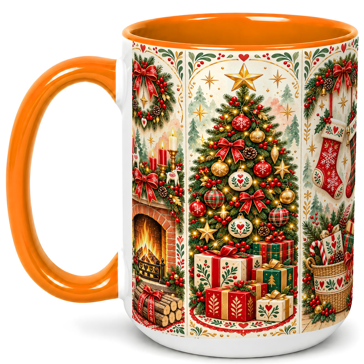 #pl[15oz|Orange] Christmas Folk Art Coffee Mug, Nordic Holiday Mug, Ceramic Cup