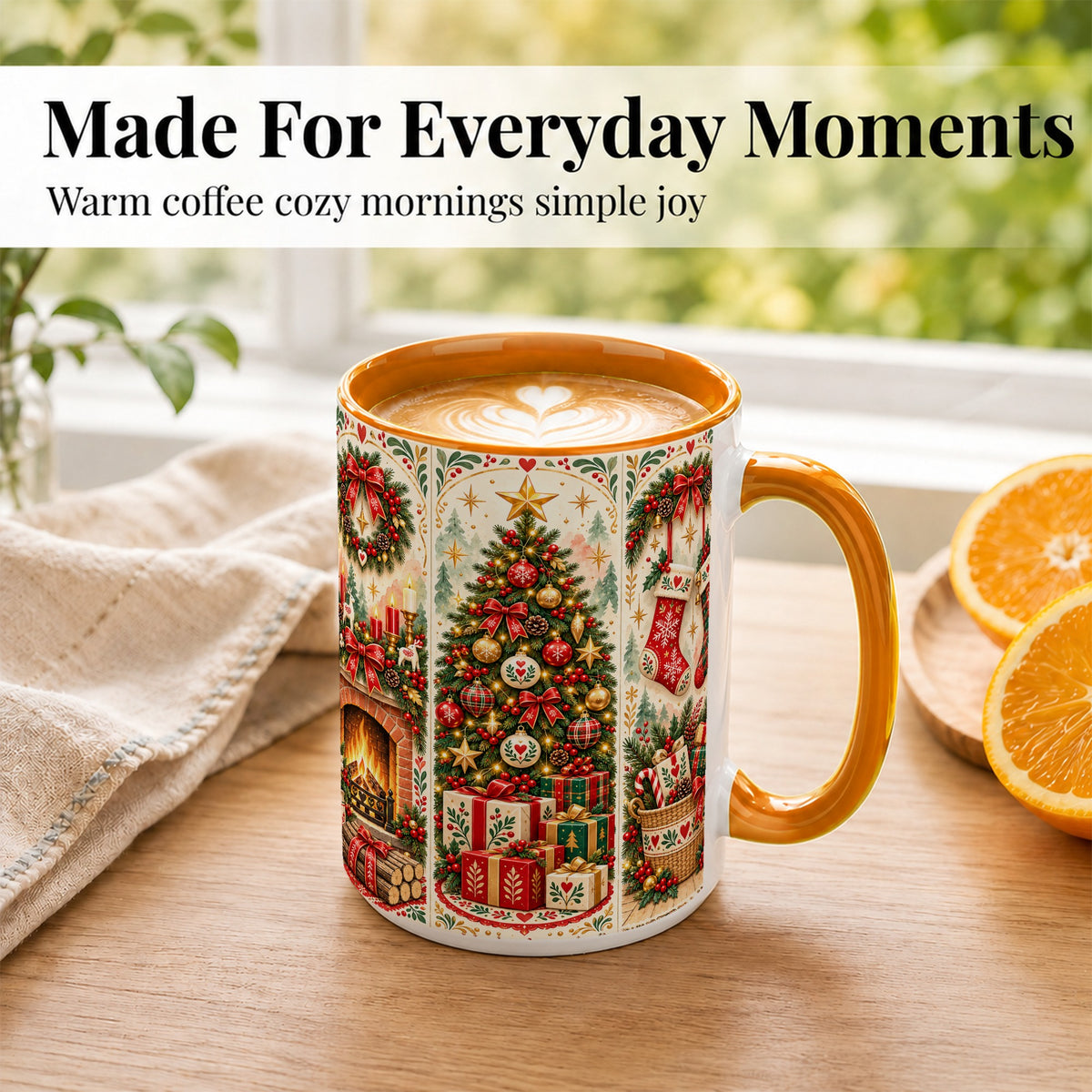 #pl[15oz|Orange] Christmas Folk Art Coffee Mug, Nordic Holiday Mug, Ceramic Cup