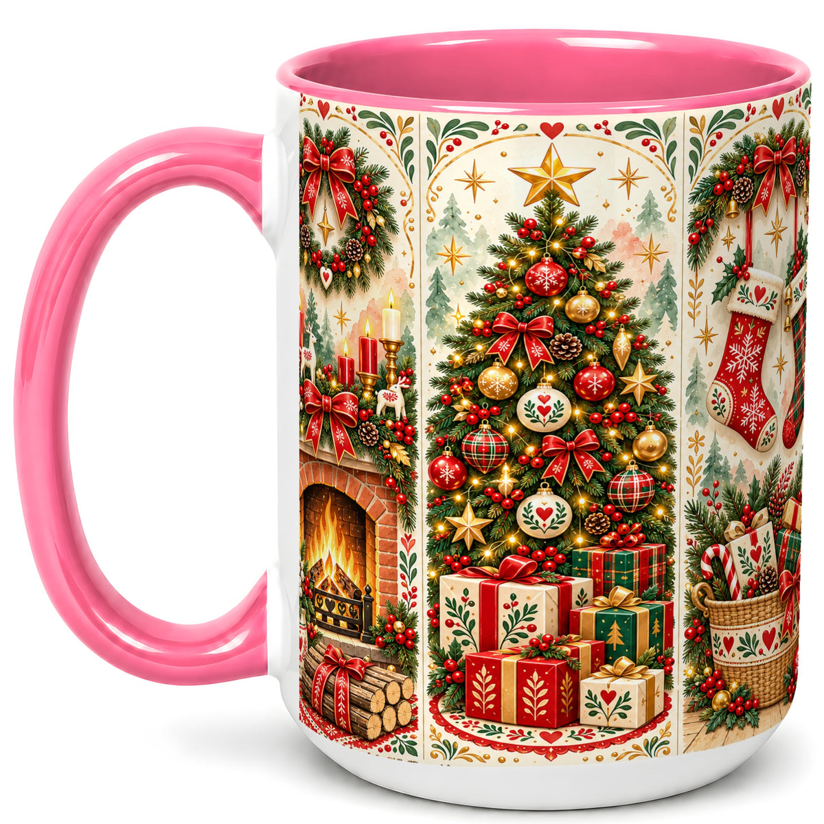 #pl[15oz|Pink] Christmas Folk Art Coffee Mug, Nordic Holiday Mug, Ceramic Cup