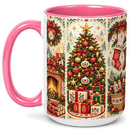 #pl[15oz|Pink] Christmas Folk Art Coffee Mug, Nordic Holiday Mug, Ceramic Cup