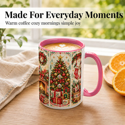 #pl[15oz|Pink] Christmas Folk Art Coffee Mug, Nordic Holiday Mug, Ceramic Cup