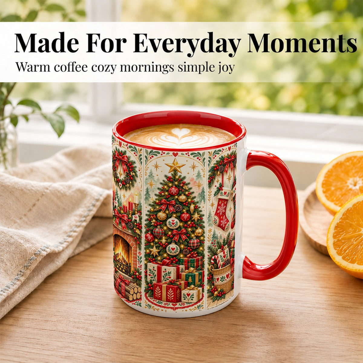#pl[15oz|Red] Christmas Folk Art Coffee Mug, Nordic Holiday Mug, Ceramic Cup