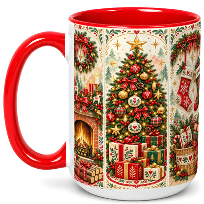 #pl[15oz|Red] Christmas Folk Art Coffee Mug, Nordic Holiday Mug, Ceramic Cup