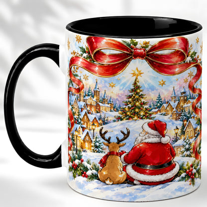#pl[11oz|Black] Santa Reindeer Coffee Mug, Snowy Christmas Village Mug, Ceramic Cup