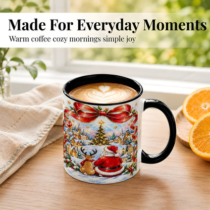 #pl[11oz|Black] Santa Reindeer Coffee Mug, Snowy Christmas Village Mug, Ceramic Cup