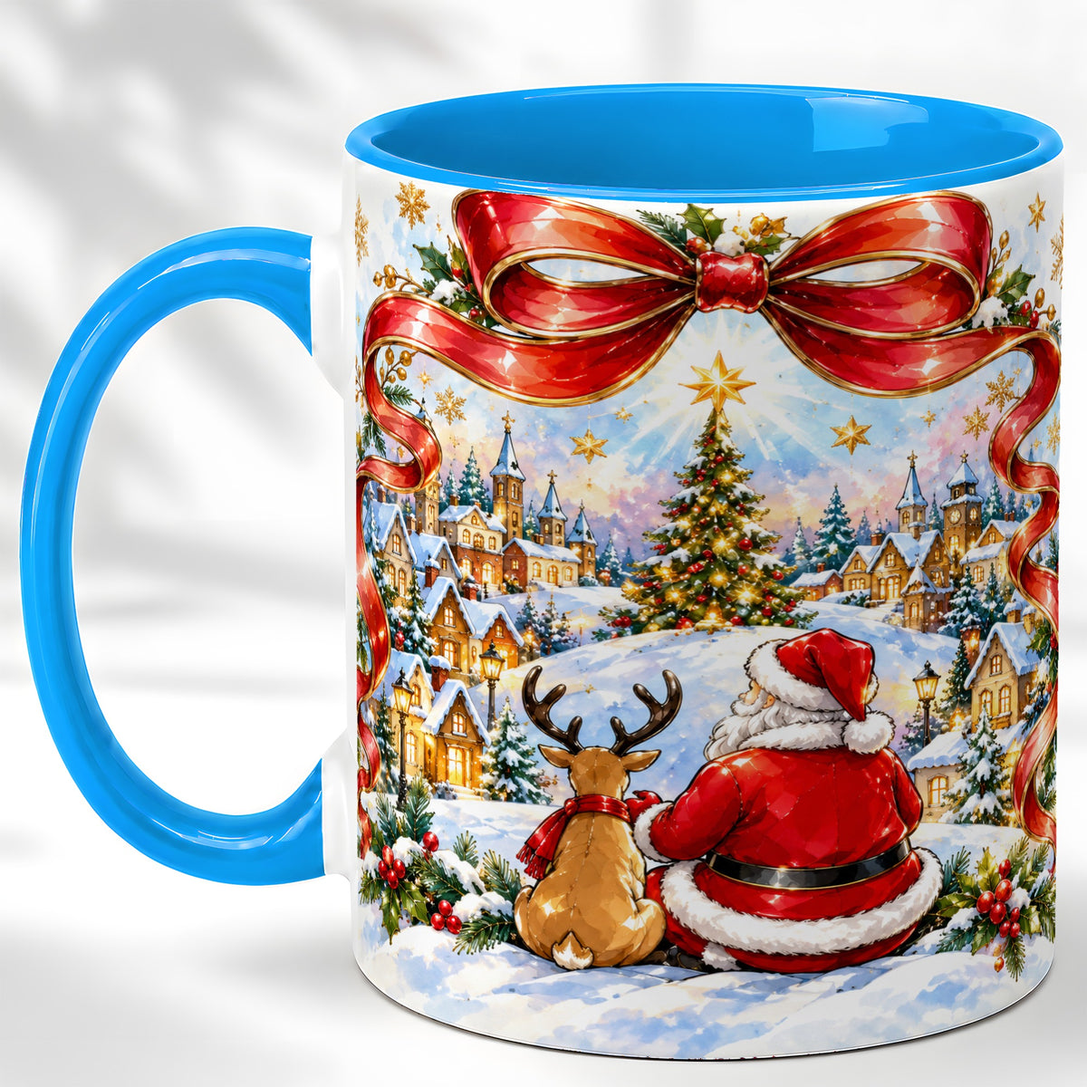 #pl[11oz|Blue] Santa Reindeer Coffee Mug, Snowy Christmas Village Mug, Ceramic Cup