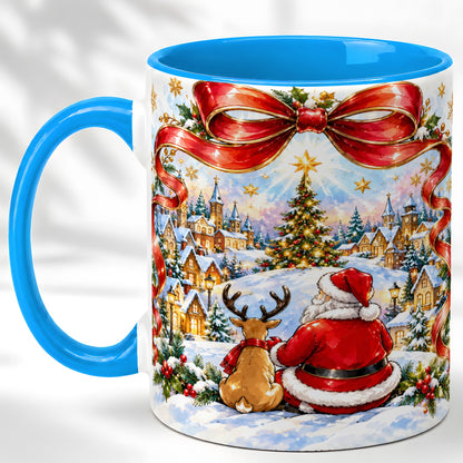 #pl[11oz|Blue] Santa Reindeer Coffee Mug, Snowy Christmas Village Mug, Ceramic Cup