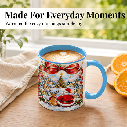 #pl[11oz|Blue] Santa Reindeer Coffee Mug, Snowy Christmas Village Mug, Ceramic Cup
