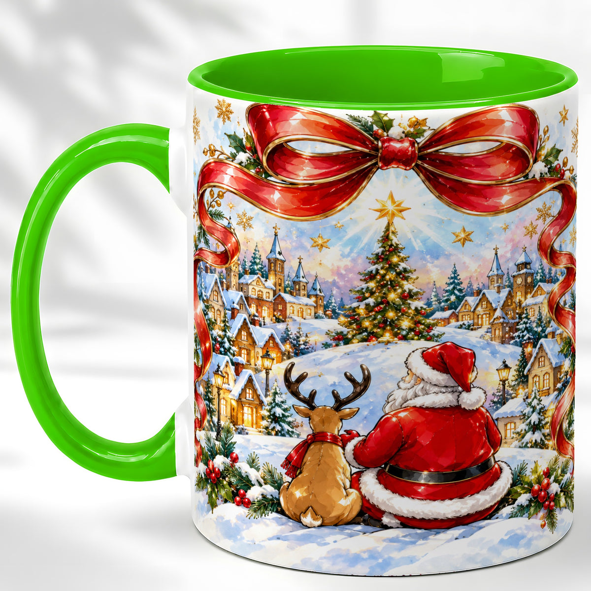 #pl[11oz|Green] Santa Reindeer Coffee Mug, Snowy Christmas Village Mug, Ceramic Cup