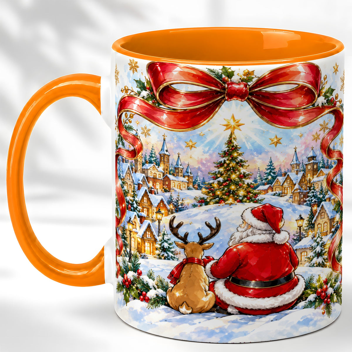 #pl[11oz|Orange] Santa Reindeer Coffee Mug, Snowy Christmas Village Mug, Ceramic Cup