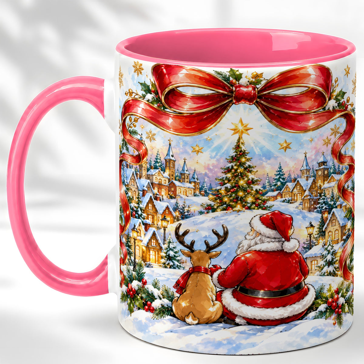#pl[11oz|Pink] Santa Reindeer Coffee Mug, Snowy Christmas Village Mug, Ceramic Cup