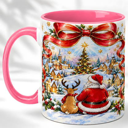 #pl[11oz|Pink] Santa Reindeer Coffee Mug, Snowy Christmas Village Mug, Ceramic Cup