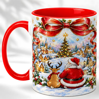 Santa Reindeer Coffee Mug, Snowy Christmas Village Mug, Ceramic Cup