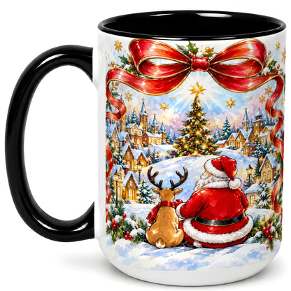 #pl[15oz|Black] Santa Reindeer Coffee Mug, Snowy Christmas Village Mug, Ceramic Cup