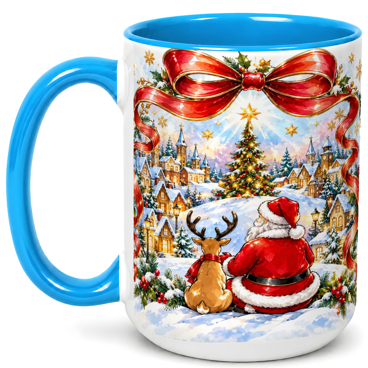 #pl[15oz|Blue] Santa Reindeer Coffee Mug, Snowy Christmas Village Mug, Ceramic Cup