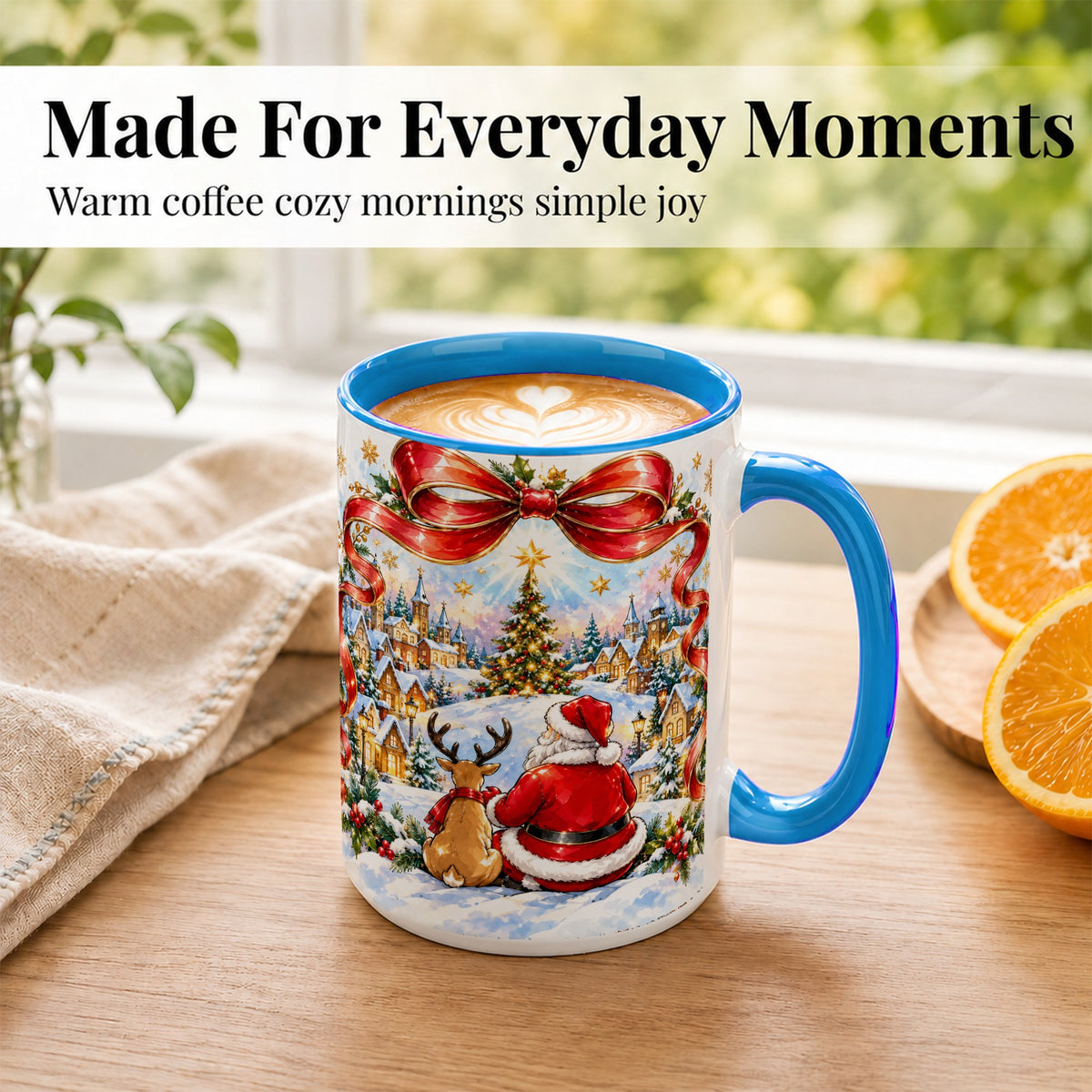 #pl[15oz|Blue] Santa Reindeer Coffee Mug, Snowy Christmas Village Mug, Ceramic Cup