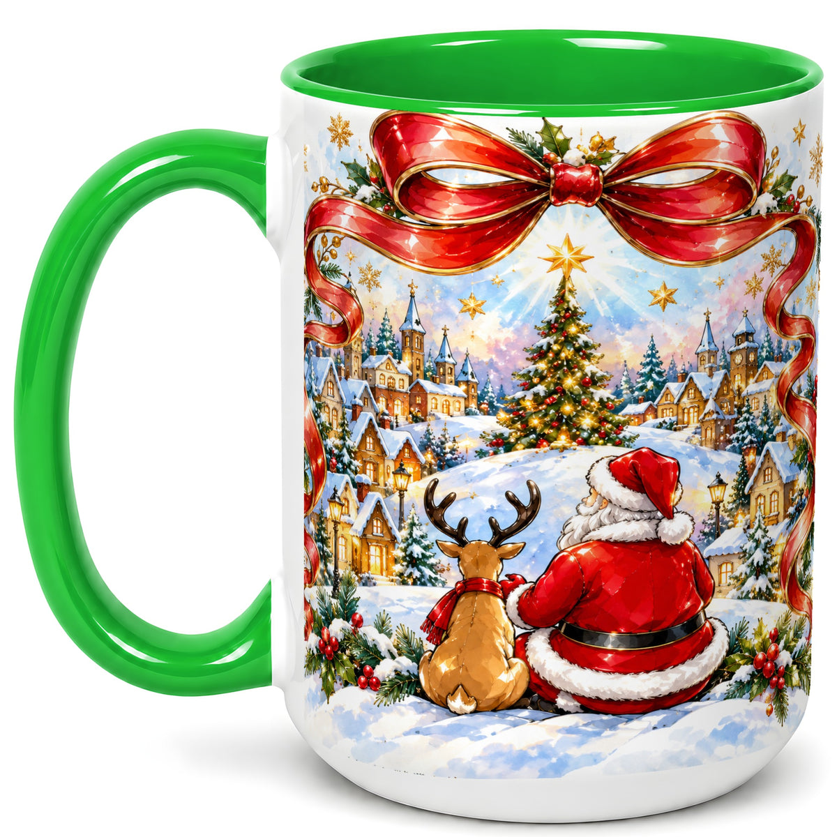#pl[15oz|Green] Santa Reindeer Coffee Mug, Snowy Christmas Village Mug, Ceramic Cup