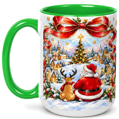 #pl[15oz|Green] Santa Reindeer Coffee Mug, Snowy Christmas Village Mug, Ceramic Cup
