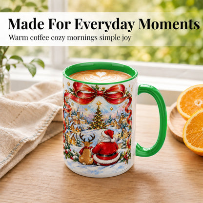 #pl[15oz|Green] Santa Reindeer Coffee Mug, Snowy Christmas Village Mug, Ceramic Cup