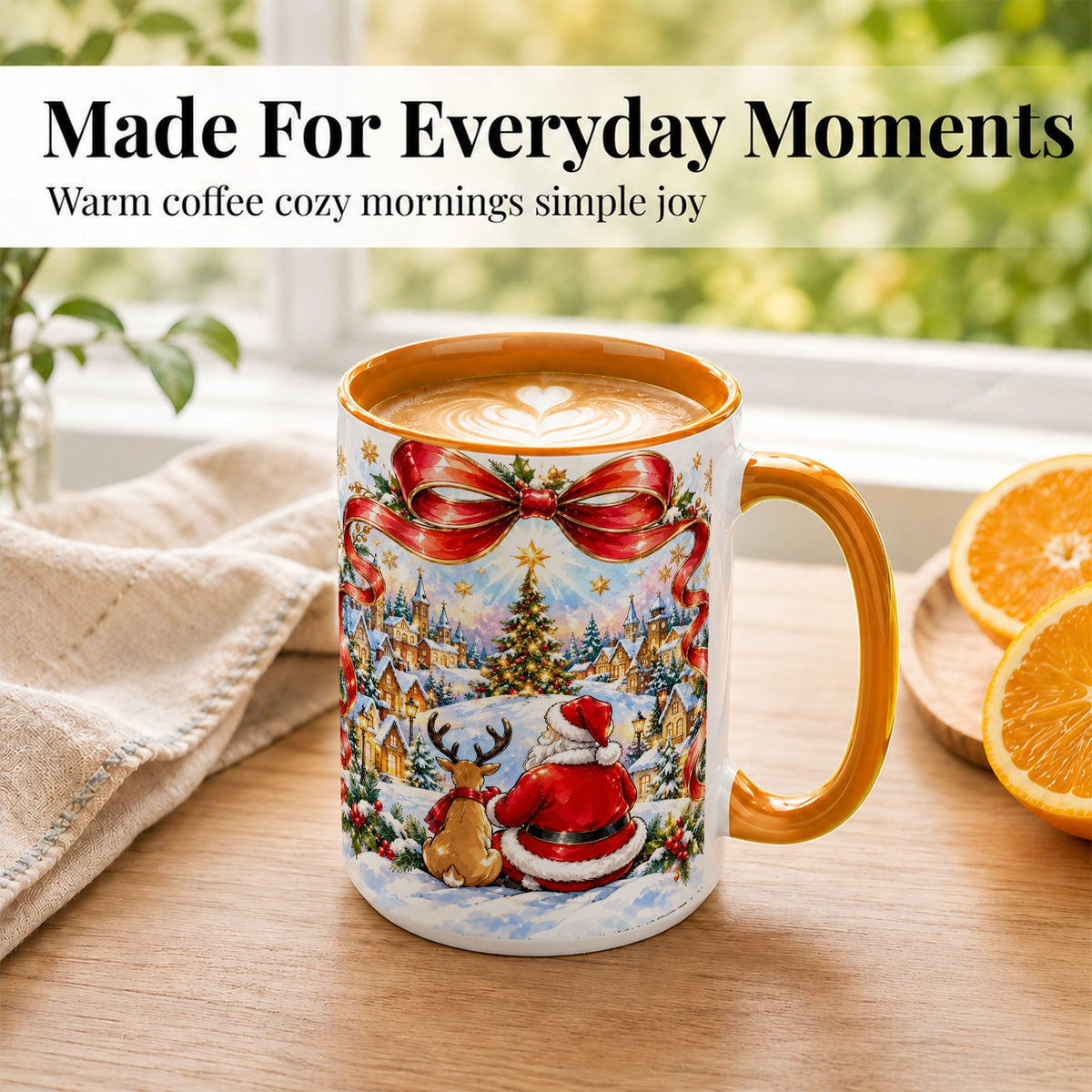 #pl[15oz|Orange] Santa Reindeer Coffee Mug, Snowy Christmas Village Mug, Ceramic Cup