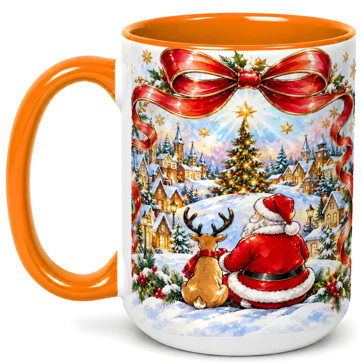 #pl[15oz|Orange] Santa Reindeer Coffee Mug, Snowy Christmas Village Mug, Ceramic Cup