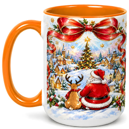 #pl[15oz|Orange] Santa Reindeer Coffee Mug, Snowy Christmas Village Mug, Ceramic Cup