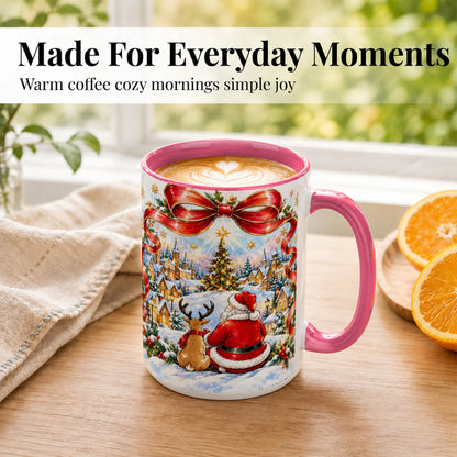#pl[15oz|Pink] Santa Reindeer Coffee Mug, Snowy Christmas Village Mug, Ceramic Cup