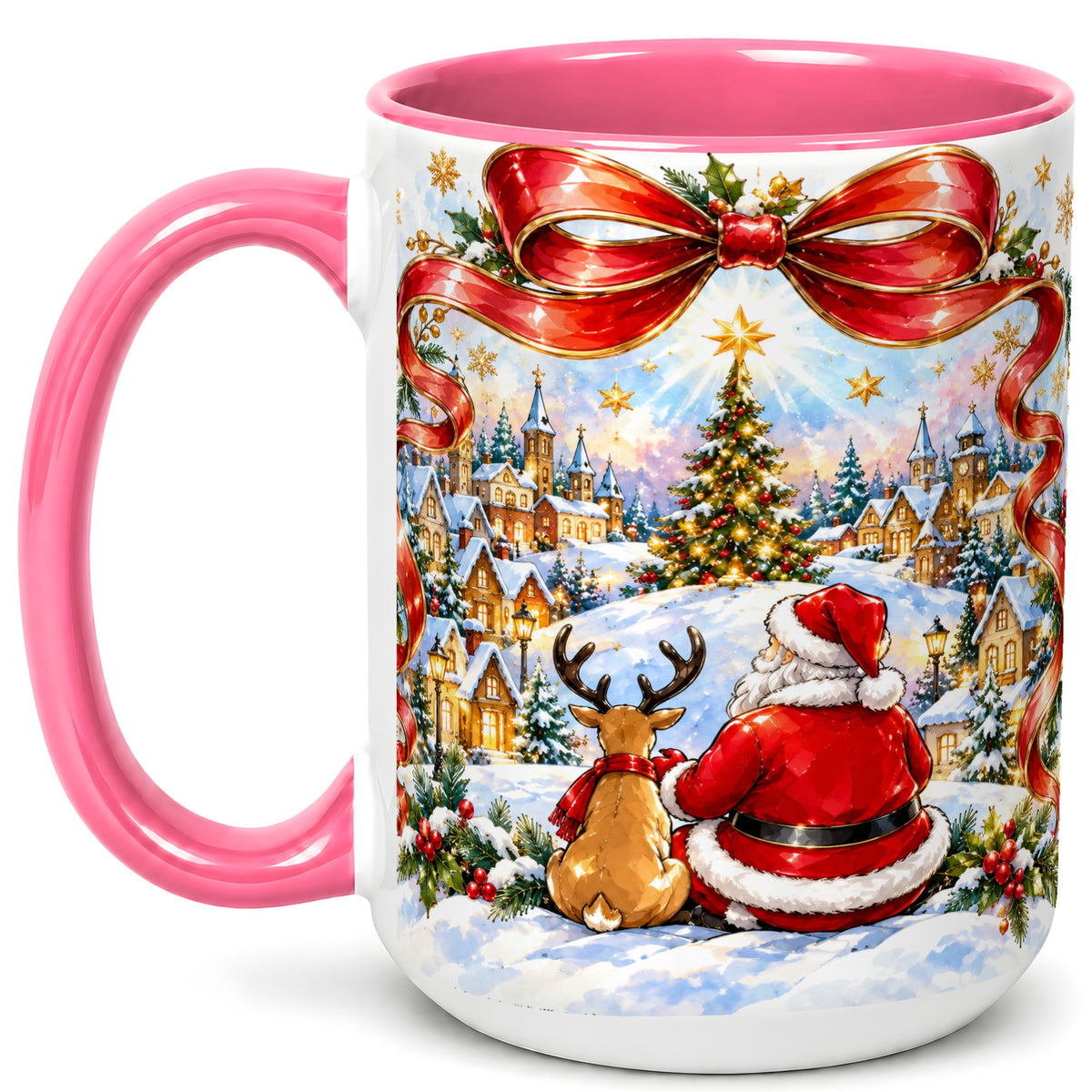 #pl[15oz|Pink] Santa Reindeer Coffee Mug, Snowy Christmas Village Mug, Ceramic Cup