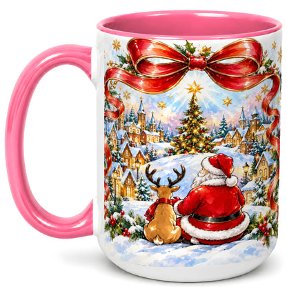 #pl[15oz|Pink] Santa Reindeer Coffee Mug, Snowy Christmas Village Mug, Ceramic Cup