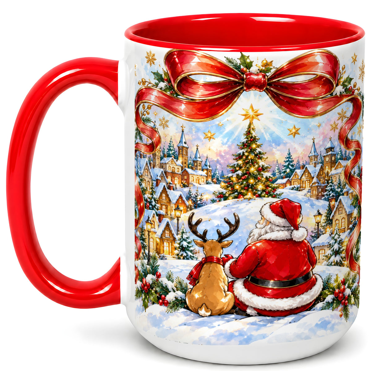 #pl[15oz|Red] Santa Reindeer Coffee Mug, Snowy Christmas Village Mug, Ceramic Cup
