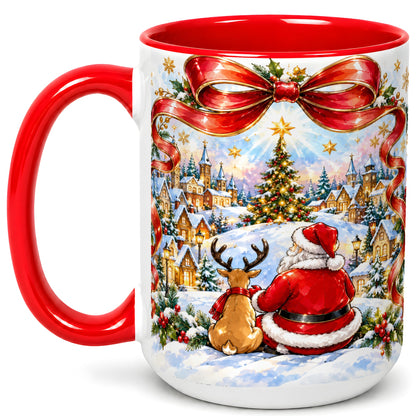 #pl[15oz|Red] Santa Reindeer Coffee Mug, Snowy Christmas Village Mug, Ceramic Cup