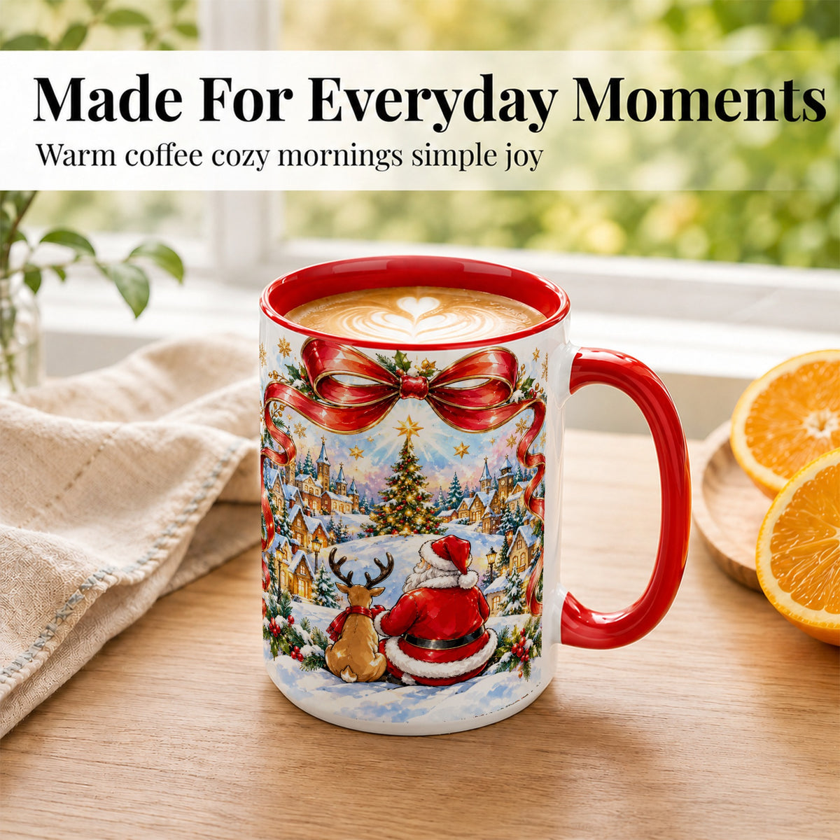 #pl[15oz|Red] Santa Reindeer Coffee Mug, Snowy Christmas Village Mug, Ceramic Cup