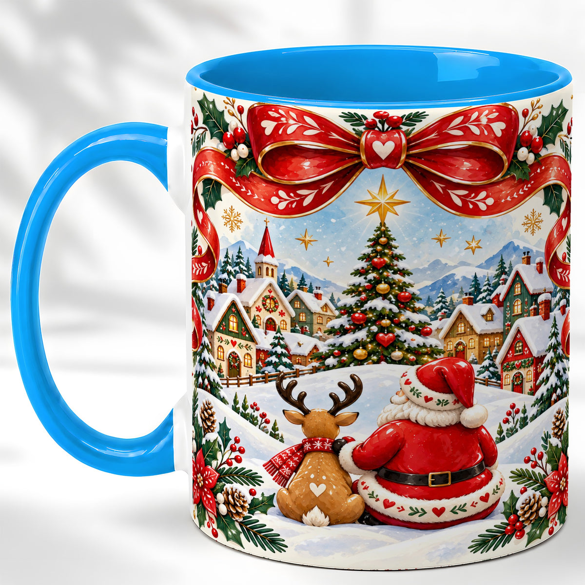 #pl[11oz|Blue] Nordic Santa Coffee Mug, Christmas Reindeer Mug, Ceramic Cup
