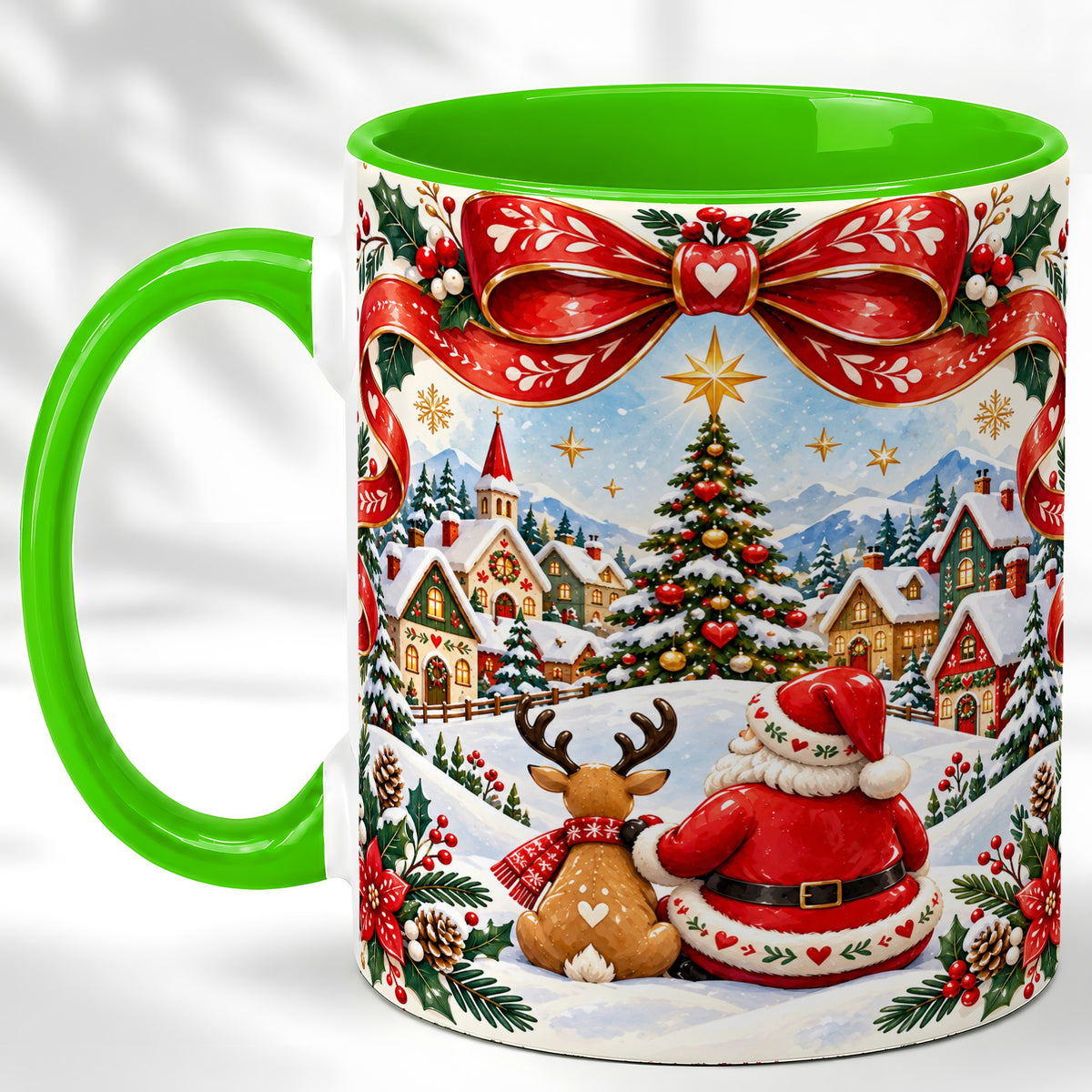 #pl[11oz|Green] Nordic Santa Coffee Mug, Christmas Reindeer Mug, Ceramic Cup