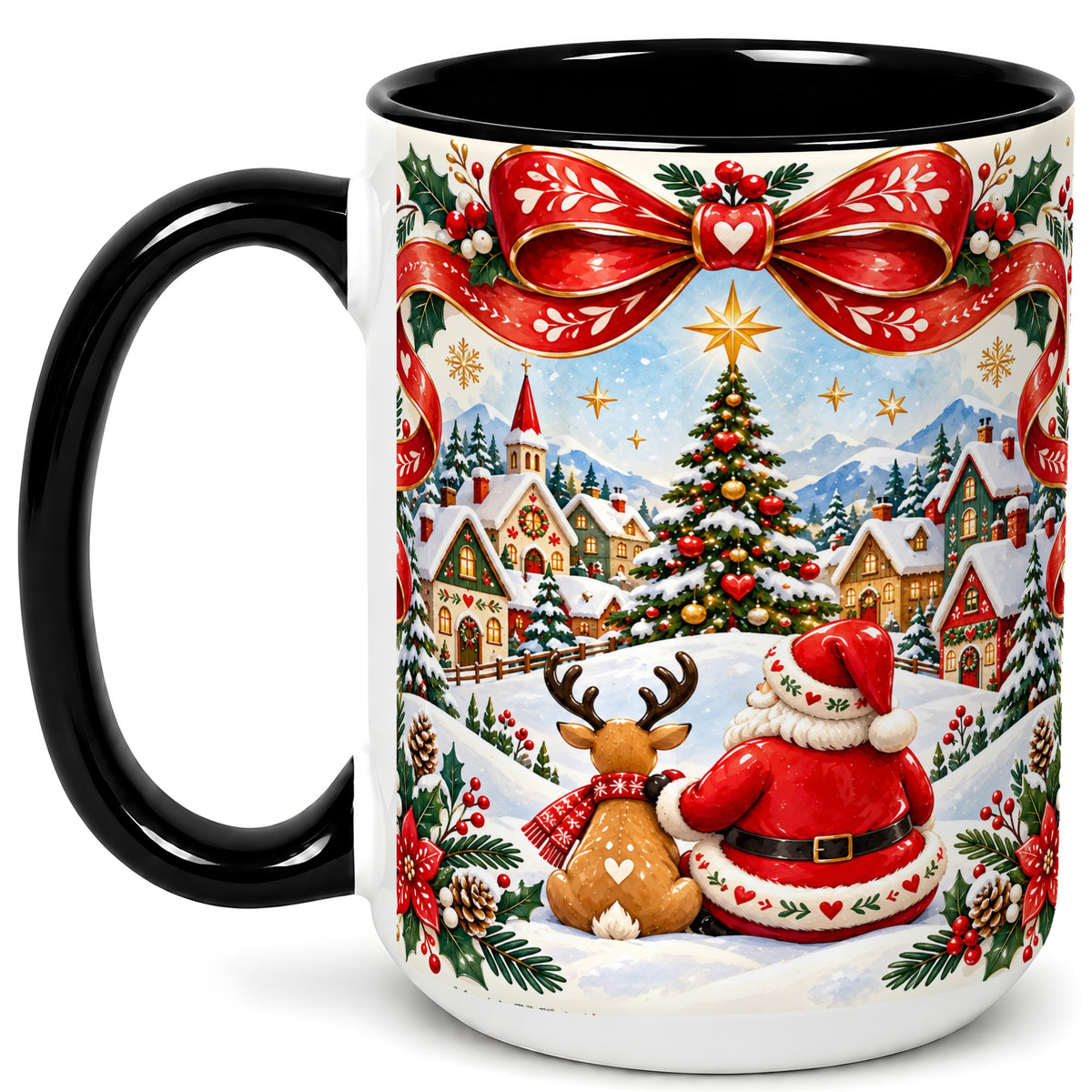 #pl[15oz|Black] Nordic Santa Coffee Mug, Christmas Reindeer Mug, Ceramic Cup