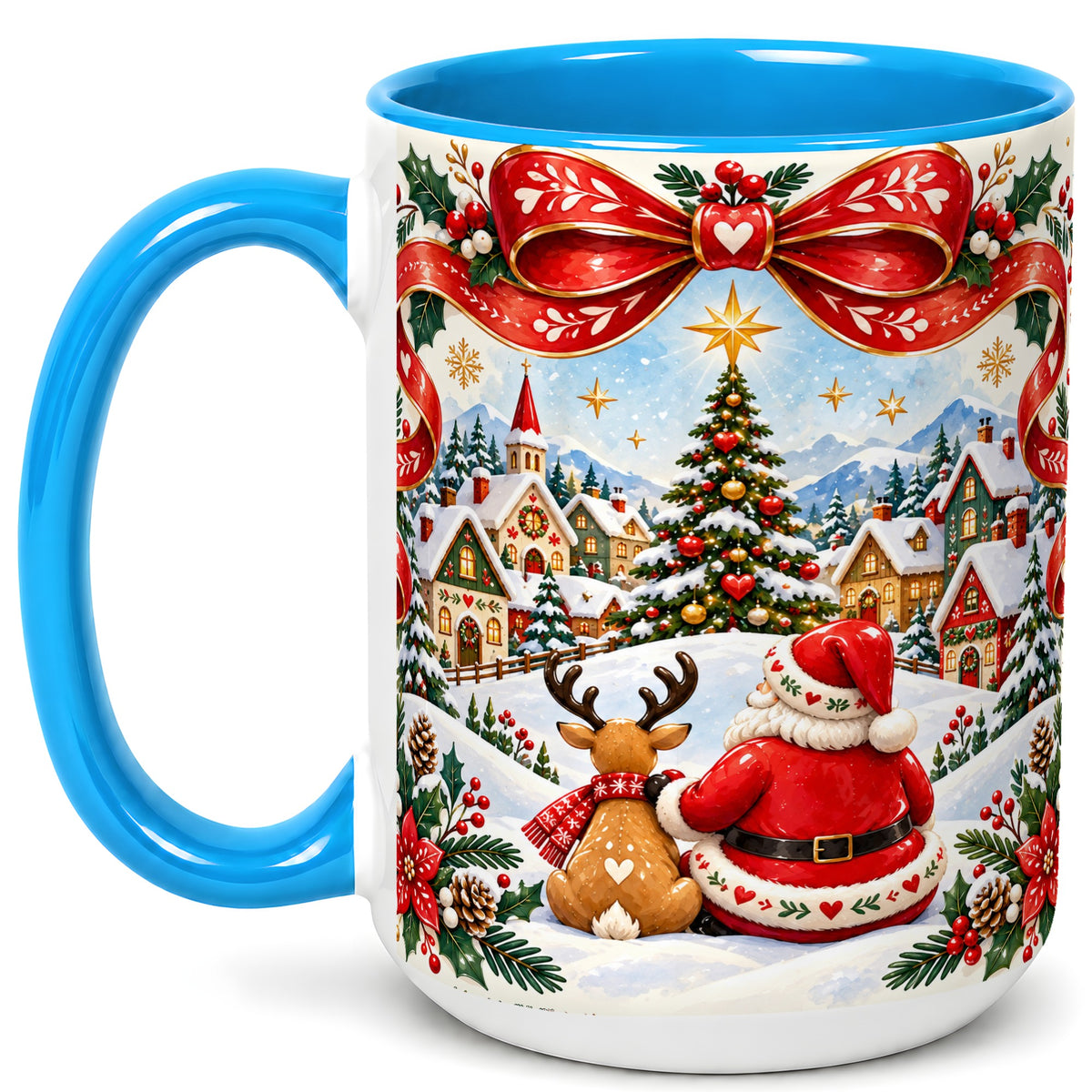 #pl[15oz|Blue] Nordic Santa Coffee Mug, Christmas Reindeer Mug, Ceramic Cup