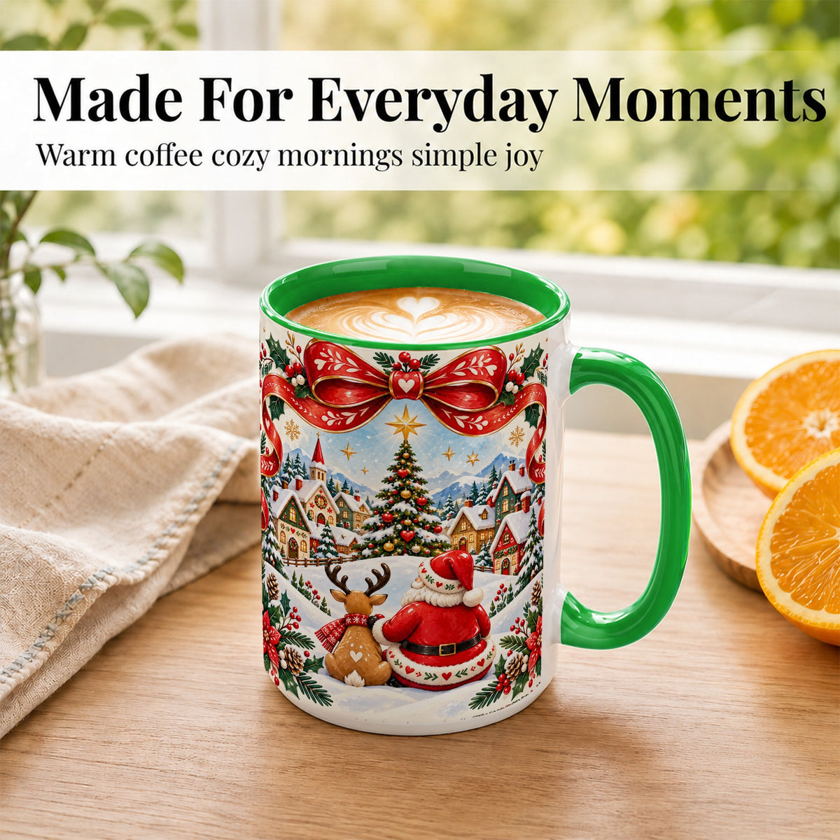 #pl[15oz|Green] Nordic Santa Coffee Mug, Christmas Reindeer Mug, Ceramic Cup