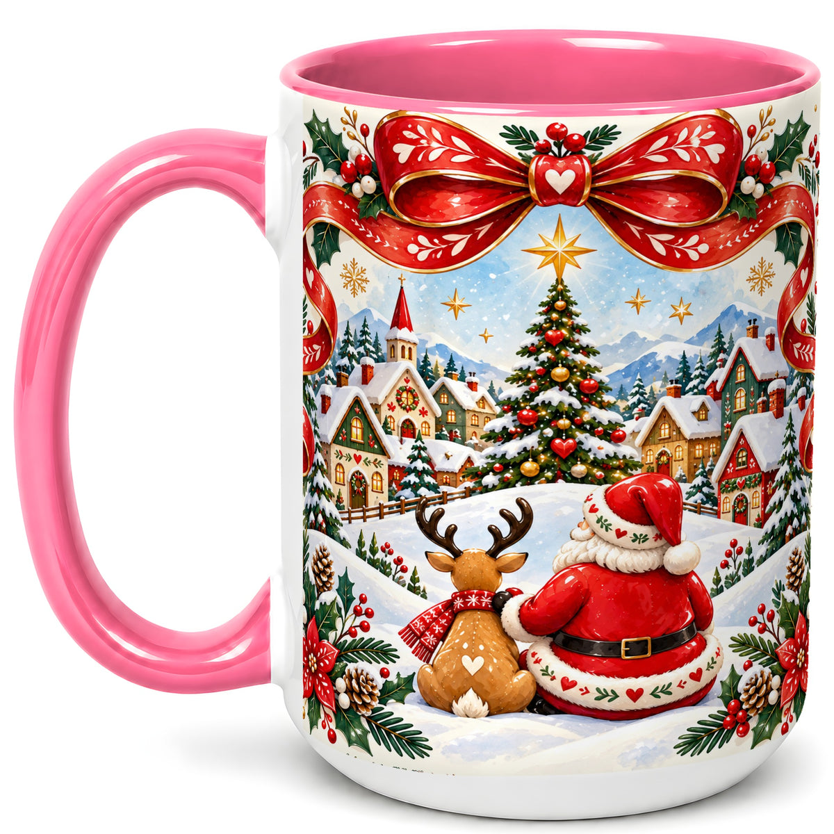 #pl[15oz|Pink] Nordic Santa Coffee Mug, Christmas Reindeer Mug, Ceramic Cup