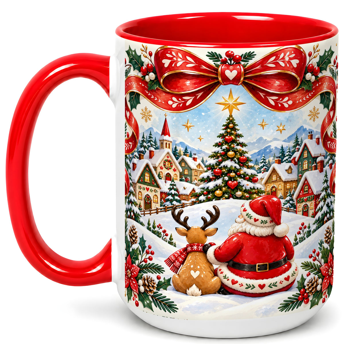 #pl[15oz|Red] Nordic Santa Coffee Mug, Christmas Reindeer Mug, Ceramic Cup
