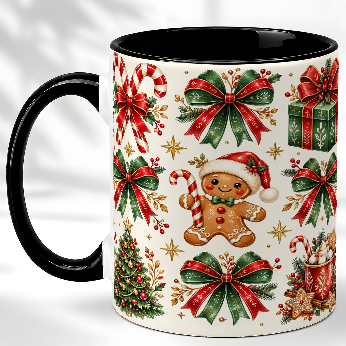 #pl[11oz|Black] Christmas Bow Coffee Mug, Gingerbread Holiday Mug, Ceramic Cup