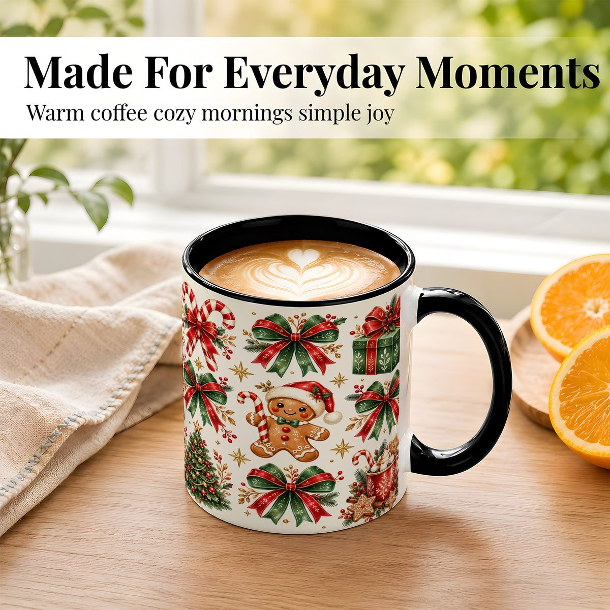#pl[11oz|Black] Christmas Bow Coffee Mug, Gingerbread Holiday Mug, Ceramic Cup