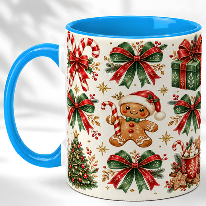 #pl[11oz|Blue] Christmas Bow Coffee Mug, Gingerbread Holiday Mug, Ceramic Cup