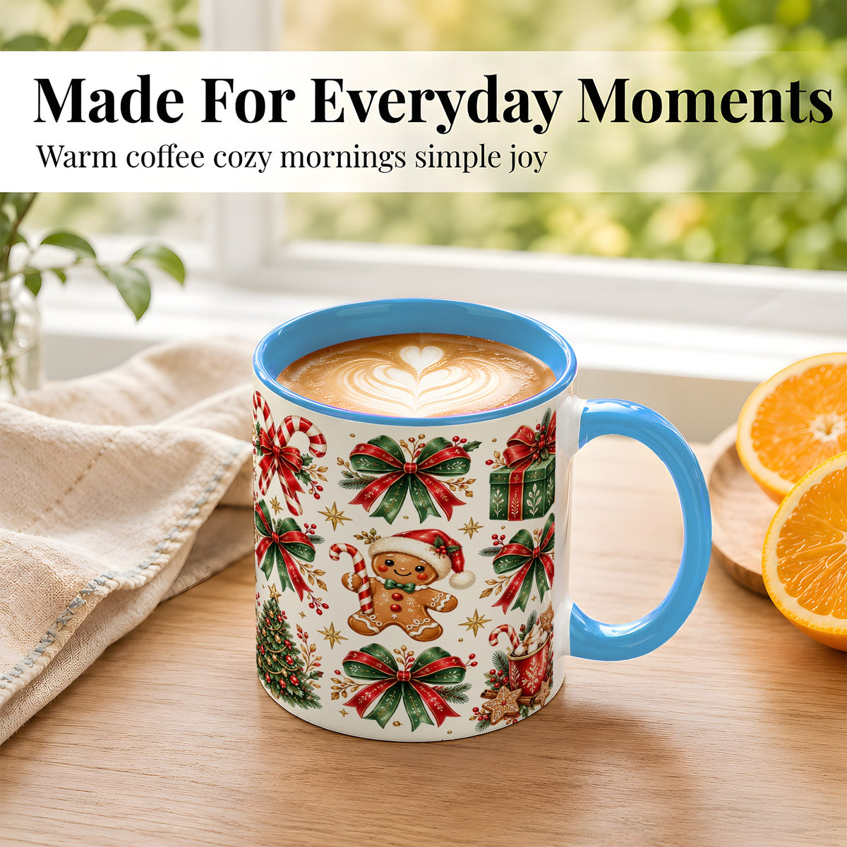 #pl[11oz|Blue] Christmas Bow Coffee Mug, Gingerbread Holiday Mug, Ceramic Cup