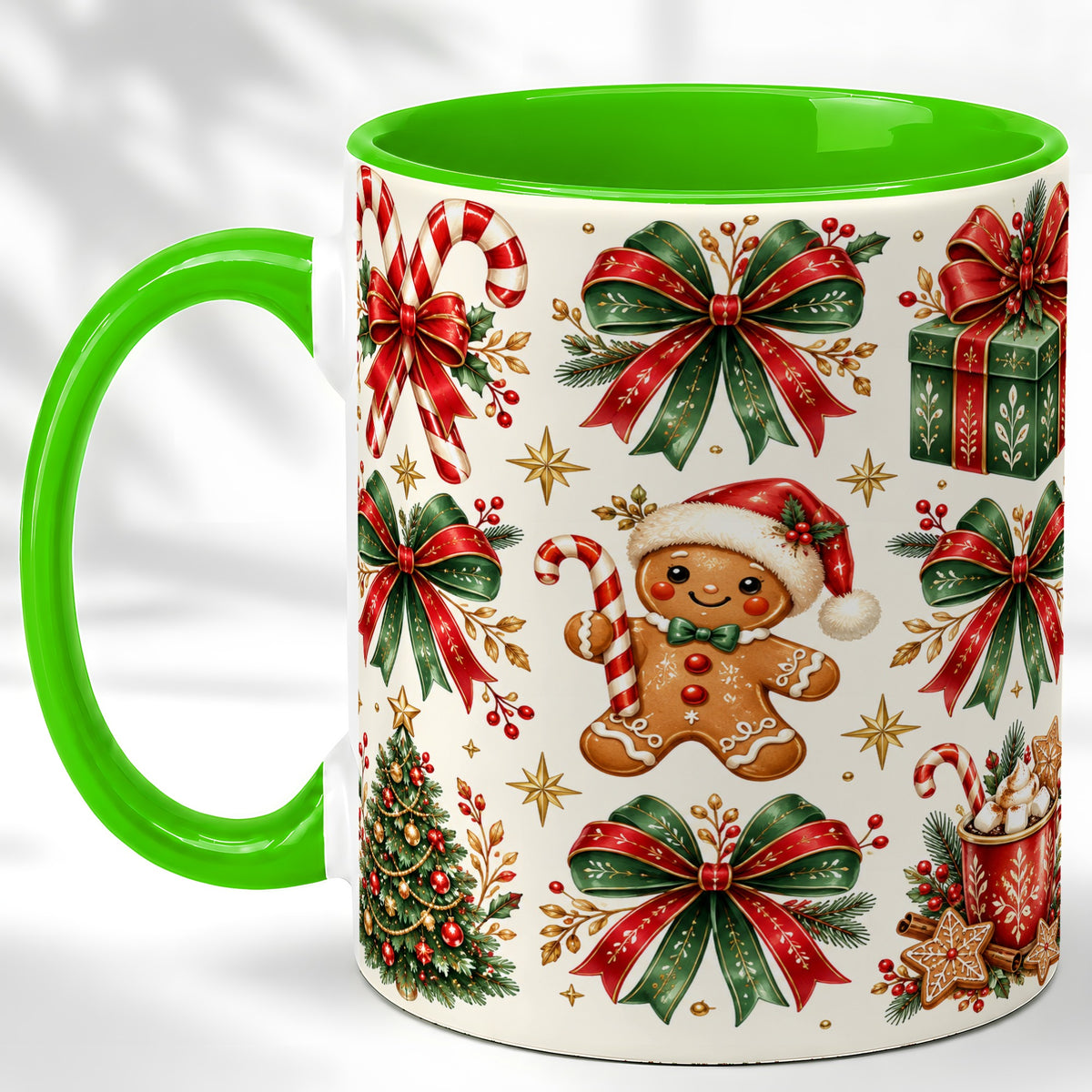 #pl[11oz|Green] Christmas Bow Coffee Mug, Gingerbread Holiday Mug, Ceramic Cup