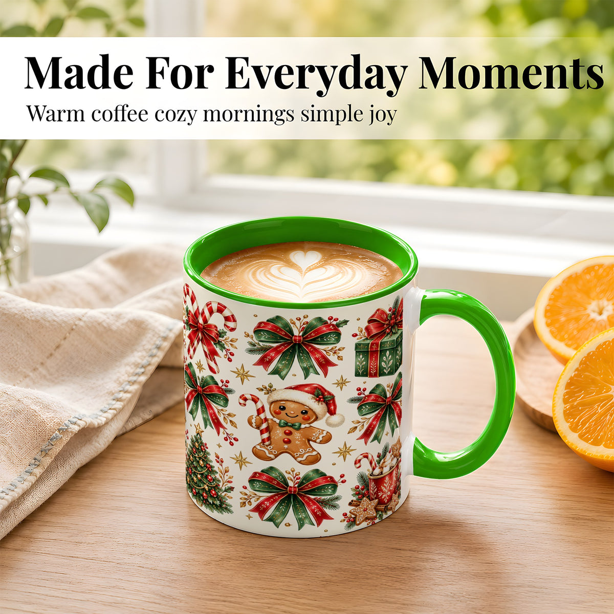 #pl[11oz|Green] Christmas Bow Coffee Mug, Gingerbread Holiday Mug, Ceramic Cup