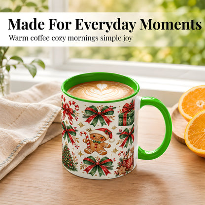 #pl[11oz|Green] Christmas Bow Coffee Mug, Gingerbread Holiday Mug, Ceramic Cup